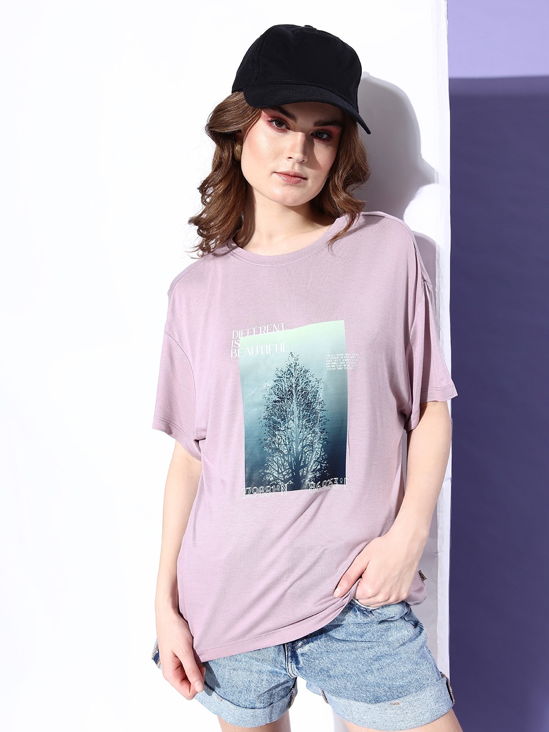 

The Roadster Lifestyle Co. Women Pale Mauve Pink Hollaback Poster Graphics Boxy T-shirt