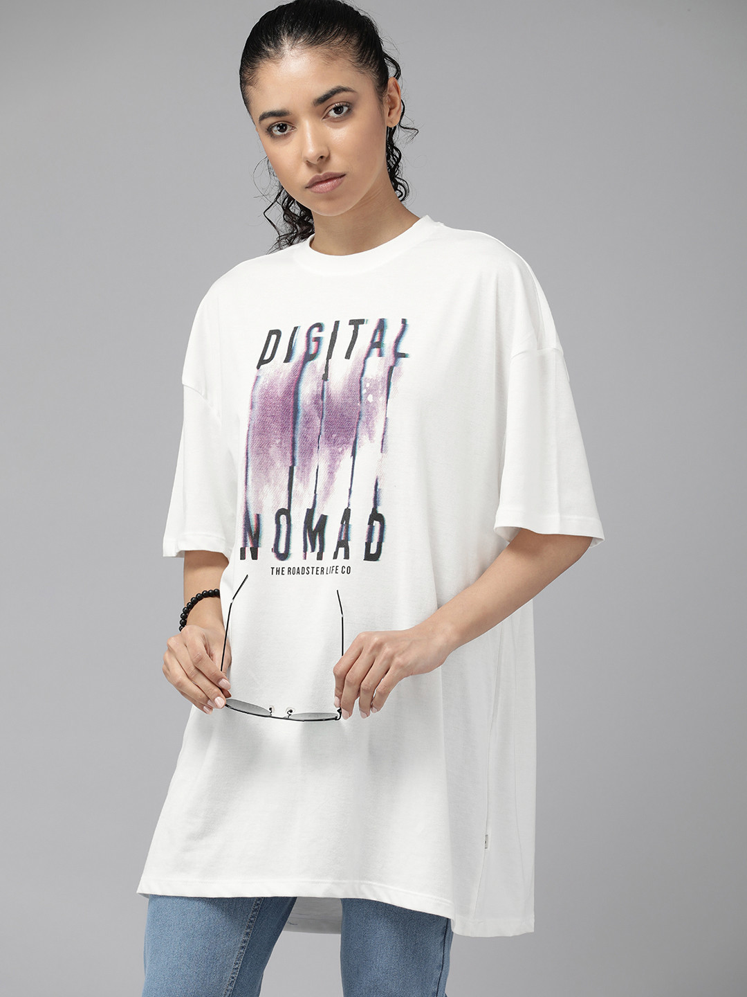 

The Roadster Lifestyle Co. Women Printed Drop-Shoulder Oversized Fit Longline T-shirt, White