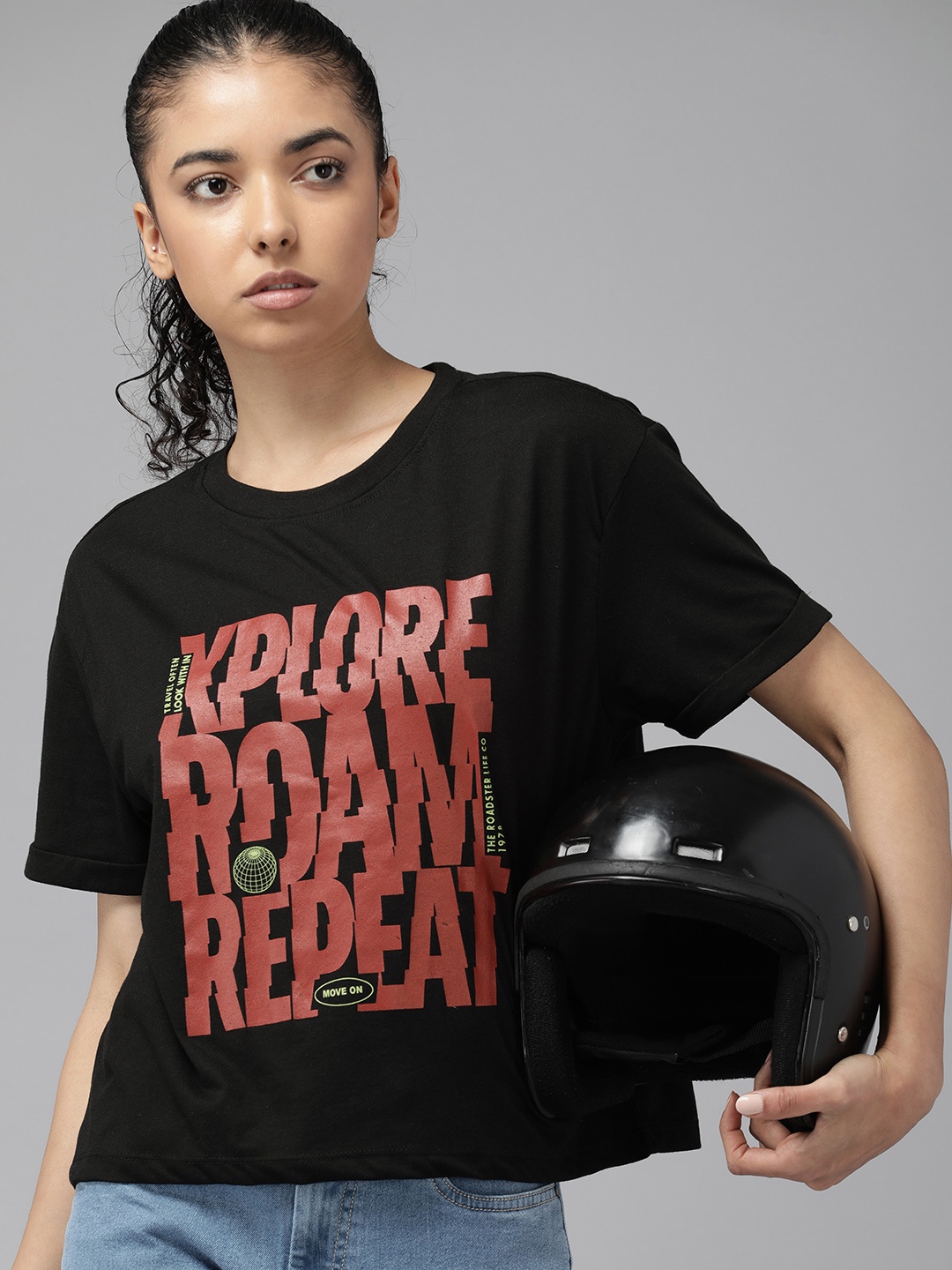 

The Roadster Lifestyle Co. Women Typography Printed Drop-Shoulder T-shirt, Black