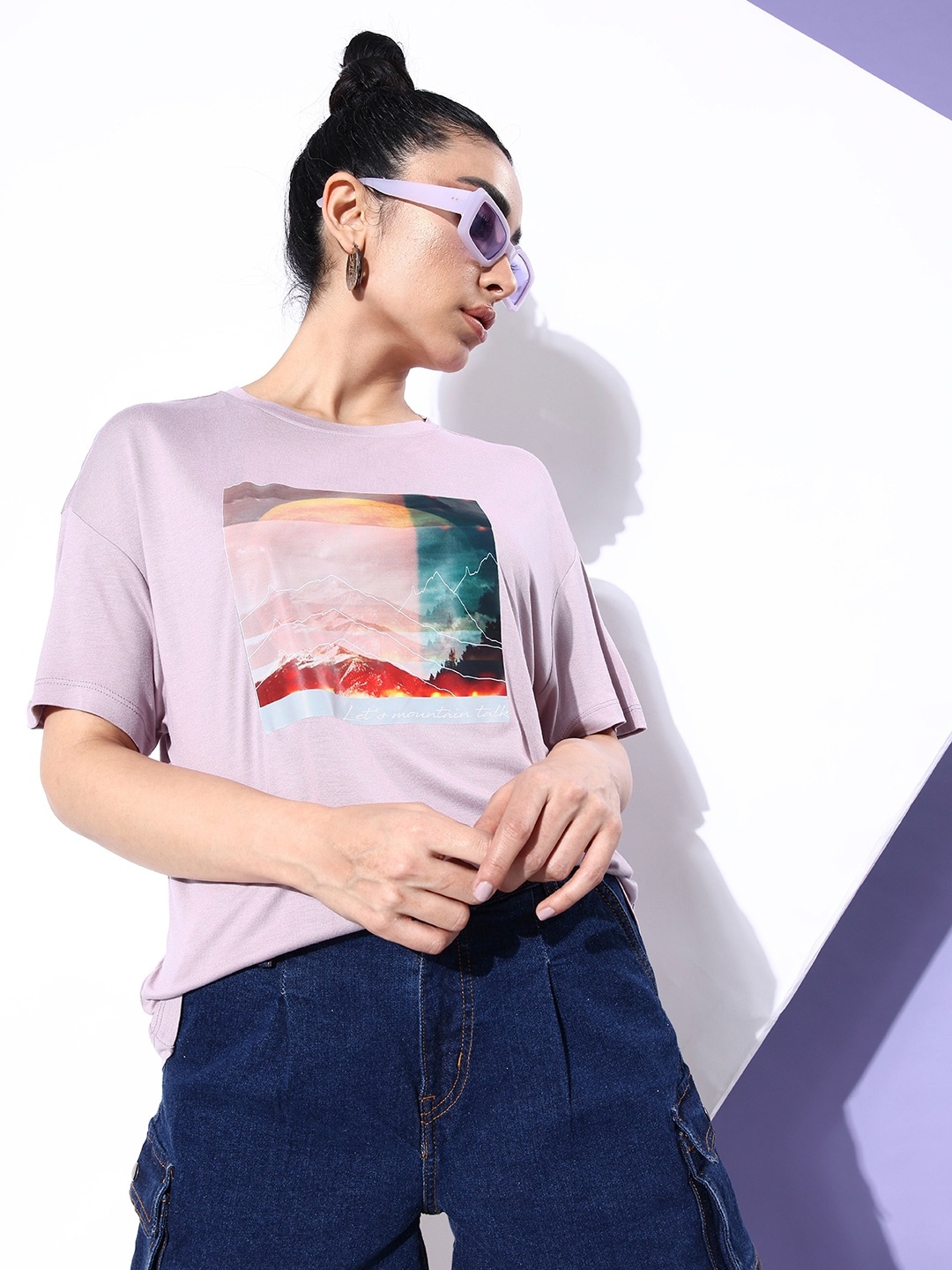 

The Roadster Lifestyle Co. Women Delicate Mauve Pink Poster Graphics Boxy T-shirt