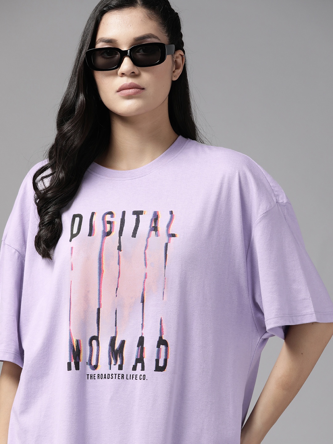 

The Roadster Lifestyle Co. Typography Printed Drop-Shoulder Oversized Fit Longline T-shirt, Lavender