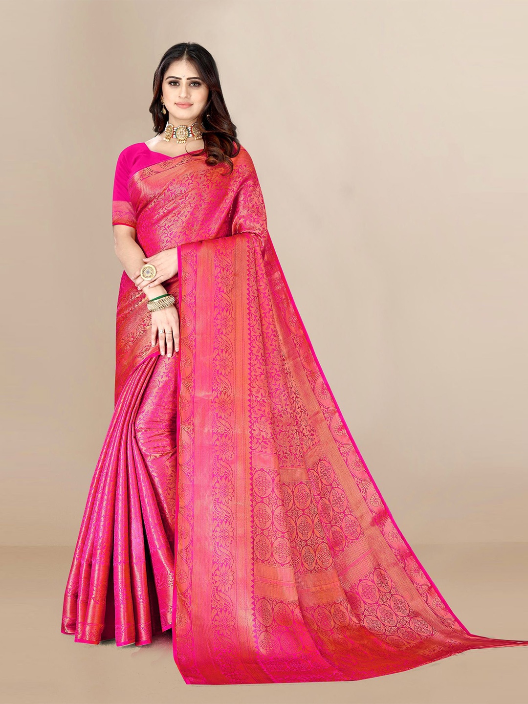 

VAIRAGEE Rose Pink & Gold-Toned Woven Design Zari Saree