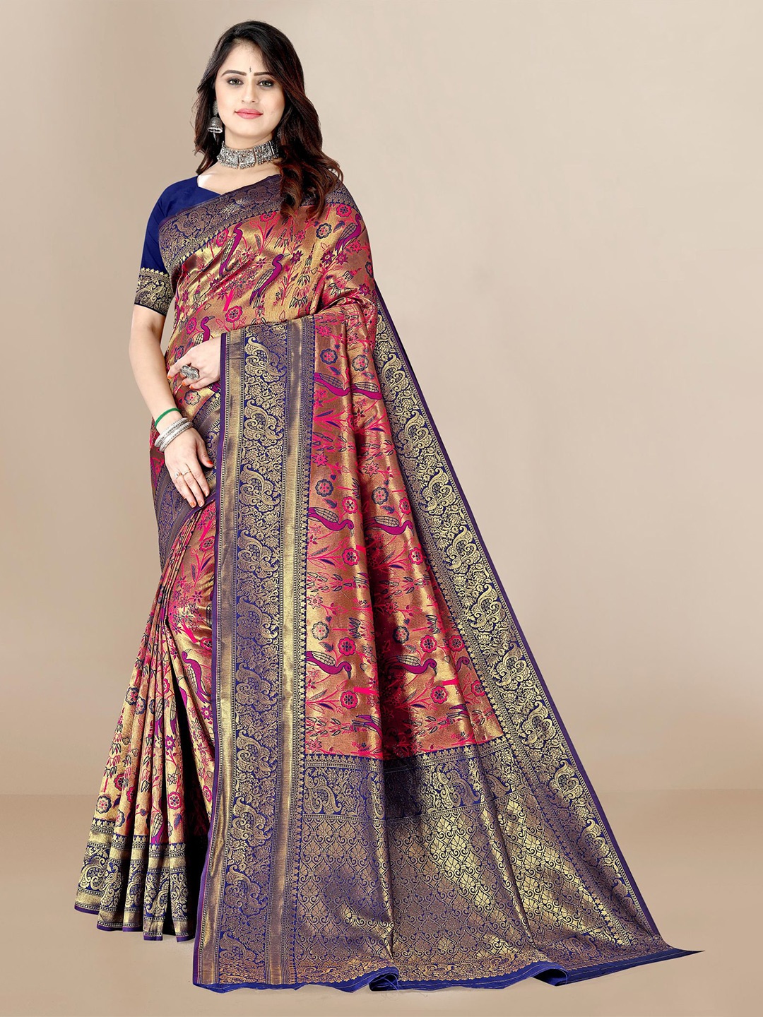

VAIRAGEE Rose Pink & Purple Woven Design Zari Silk Blend Fusion Saree