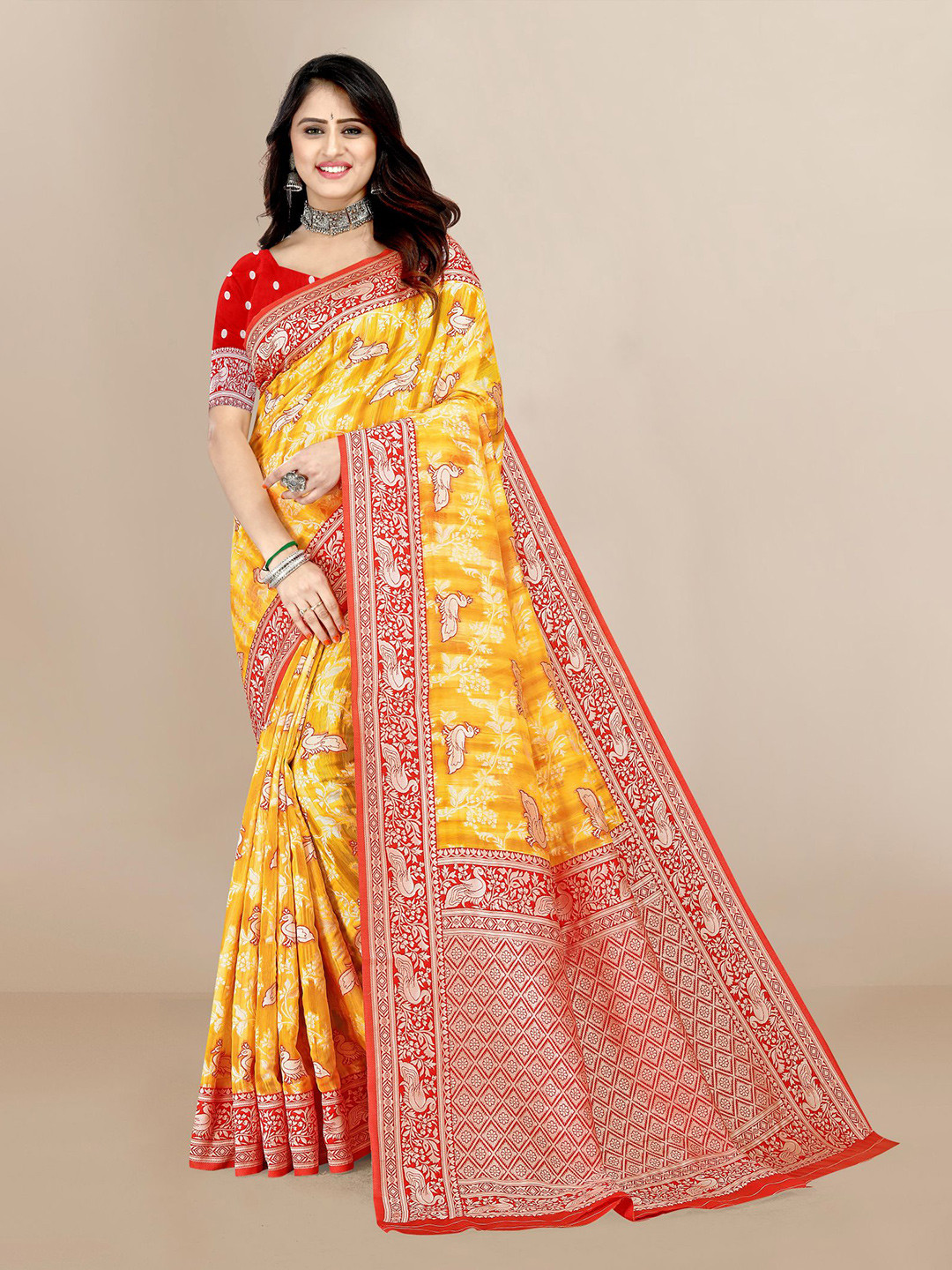 

VAIRAGEE Yellow & Red Woven Design Zari Silk Cotton Saree