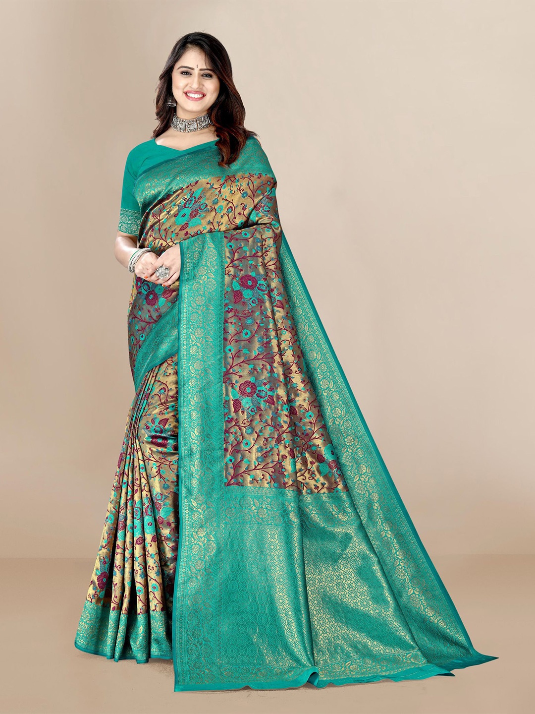 

VAIRAGEE Copper-Toned & Gold-Toned Woven Design Zari Silk Blend Fusion Saree