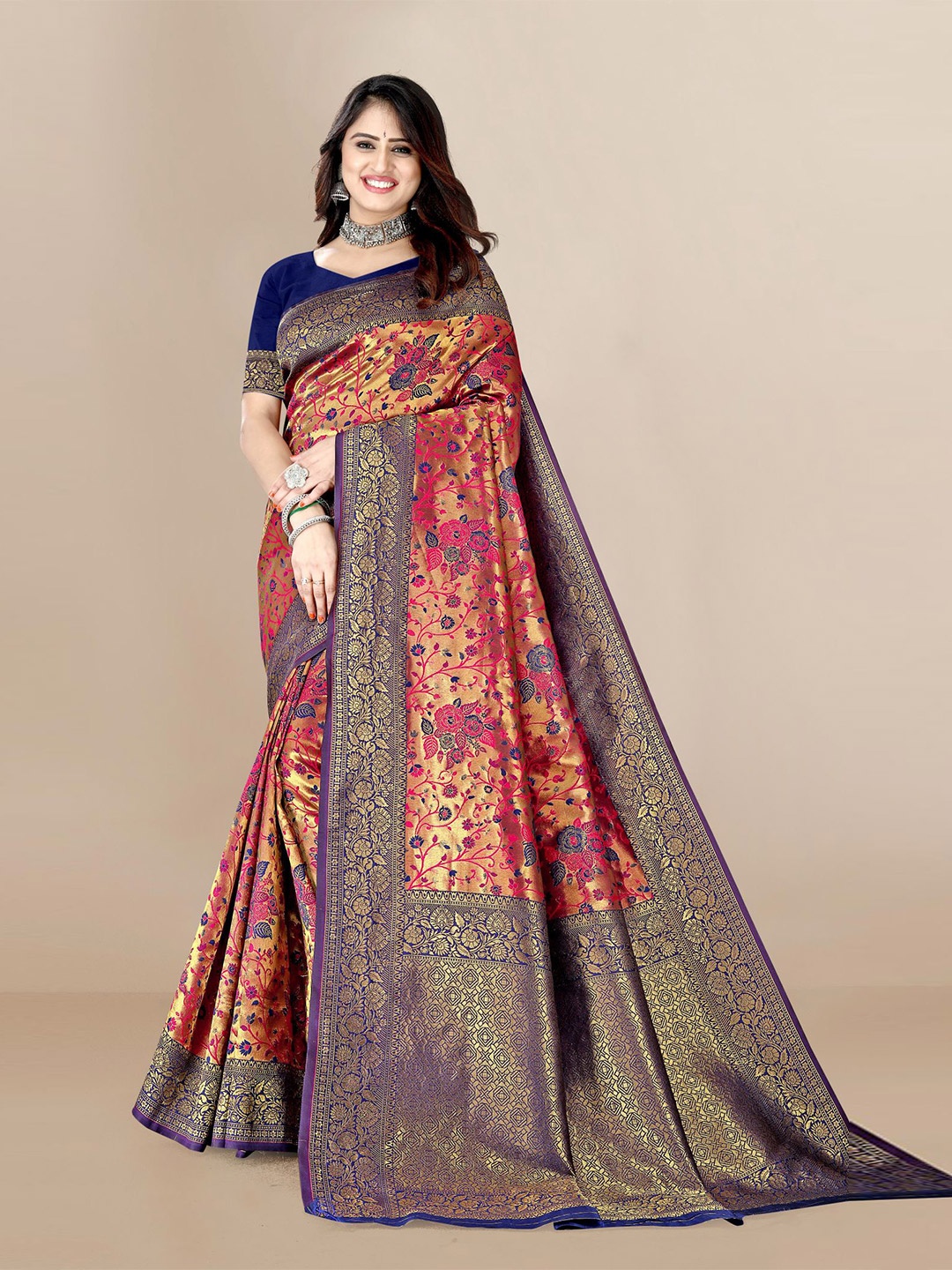 

VAIRAGEE Rose & Blue Floral Woven Design Silk Blend Zari Saree