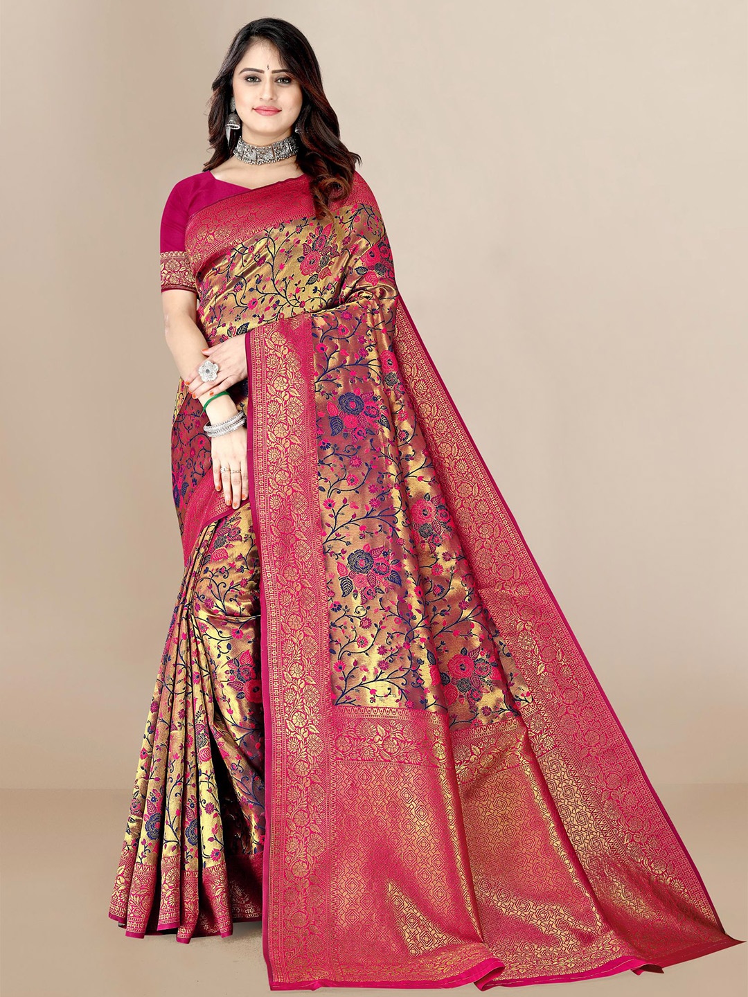 

VAIRAGEE Pink & Blue Floral Woven Design Silk Blend Zari Saree