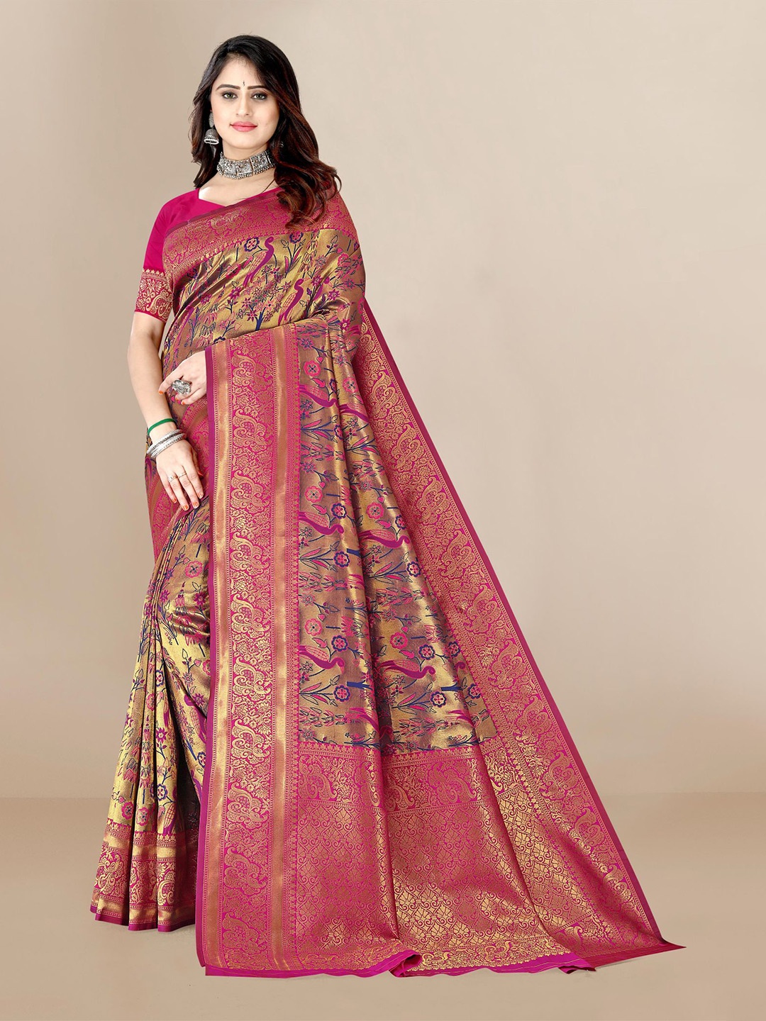 

VAIRAGEE Pink & Blue Floral Zari Silk Blend Saree