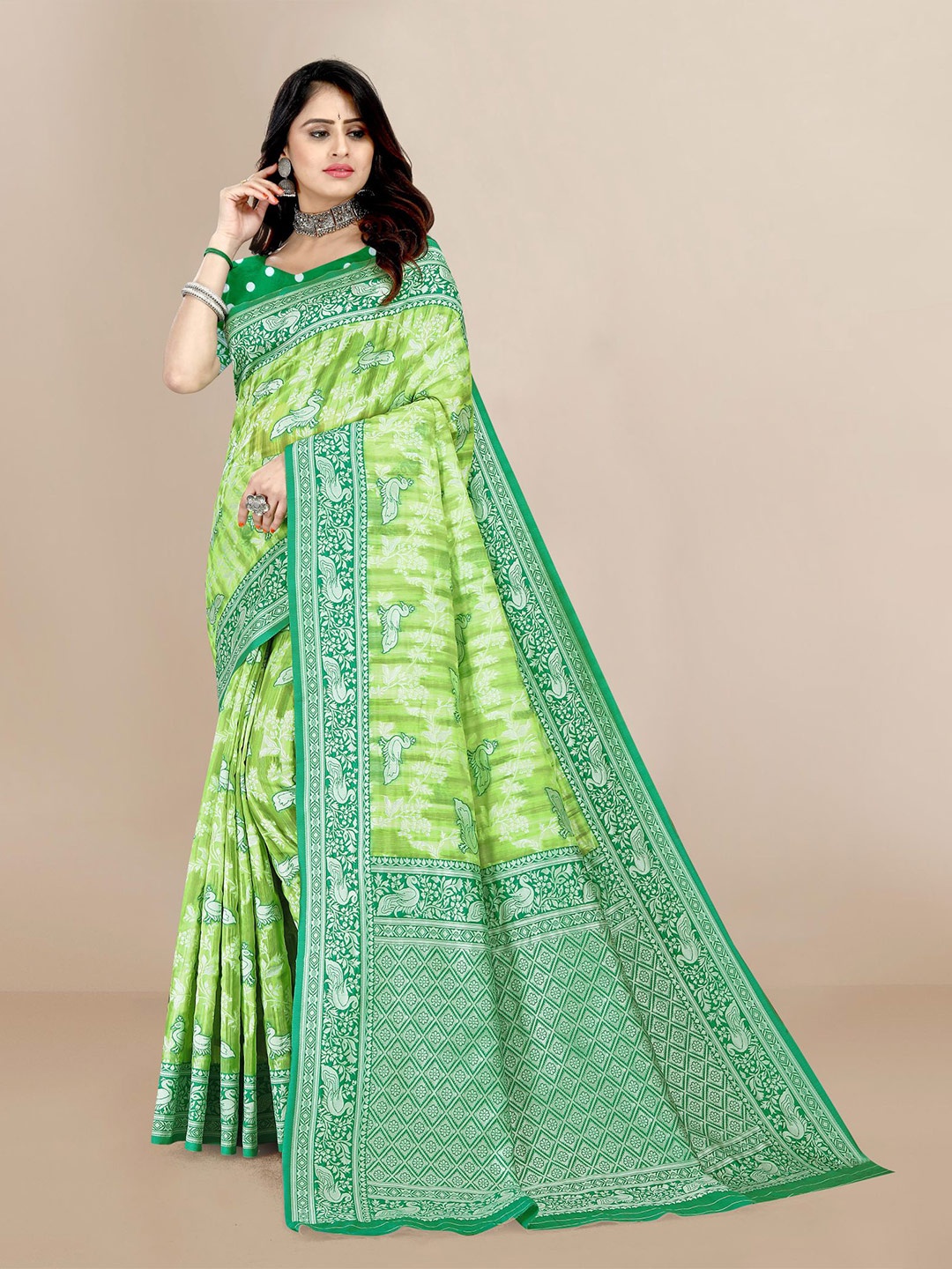 

VAIRAGEE Sea Green & Silver-Toned Ethnic Motifs Silk Cotton Saree