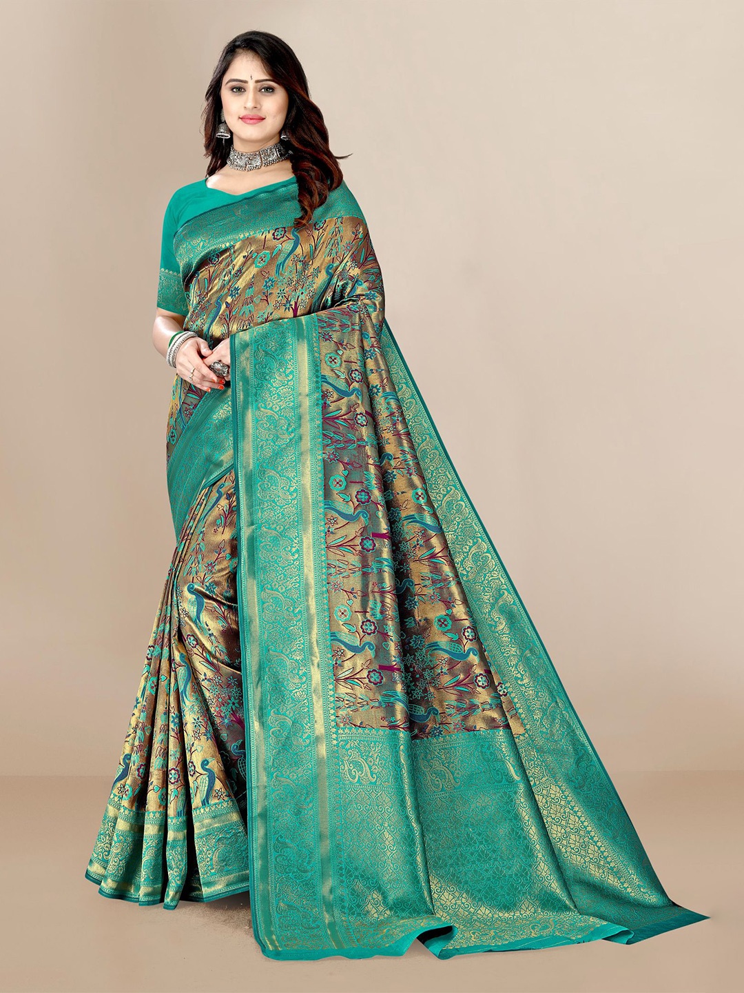 

VAIRAGEE Teal Green & Gold-Toned Ethnic Motifs Zari Silk Blend Saree