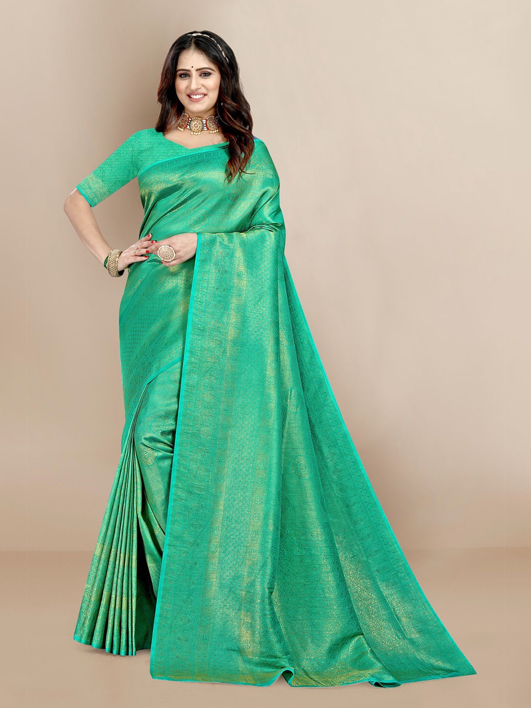 

VAIRAGEE Woven Design Zari Silk Blend Saree, Teal
