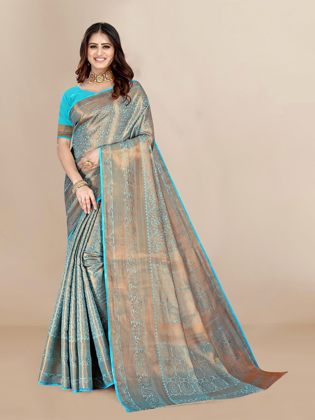 

VAIRAGEE Turquoise Blue & Copper Ethnic Motifs Zari Fusion Saree
