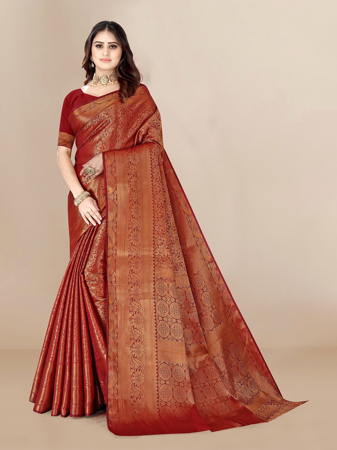 

VAIRAGEE Maroon & Copper-Toned Ethnic Motifs Zari Fusion Saree