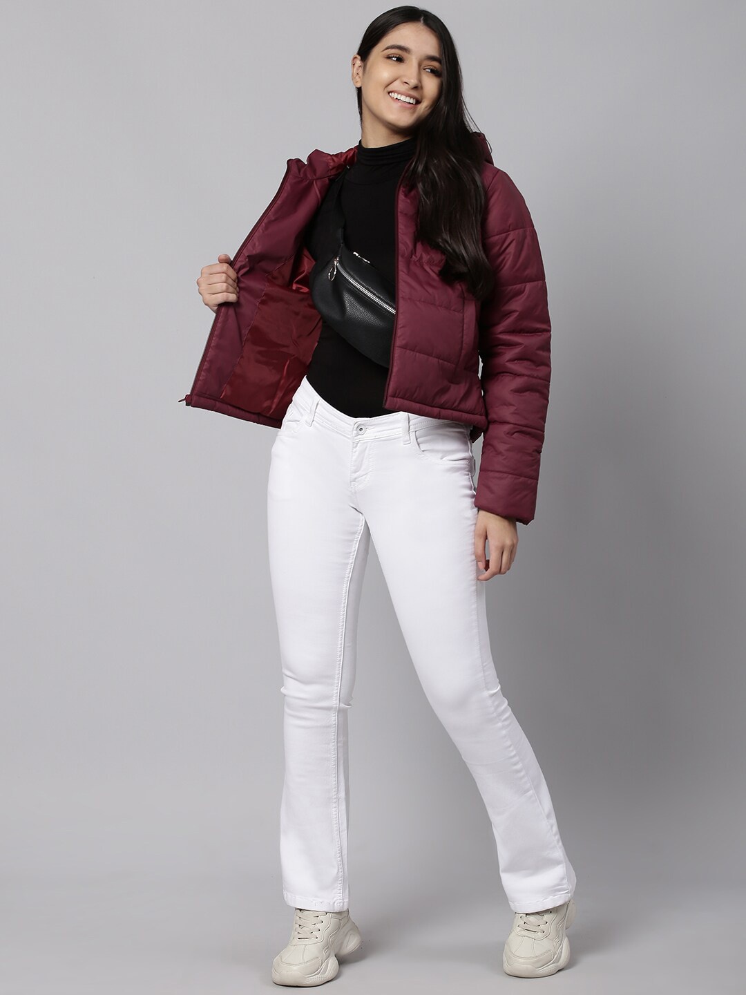 

High Star Women Maroon Solid Hooded Padded Jacket, Red