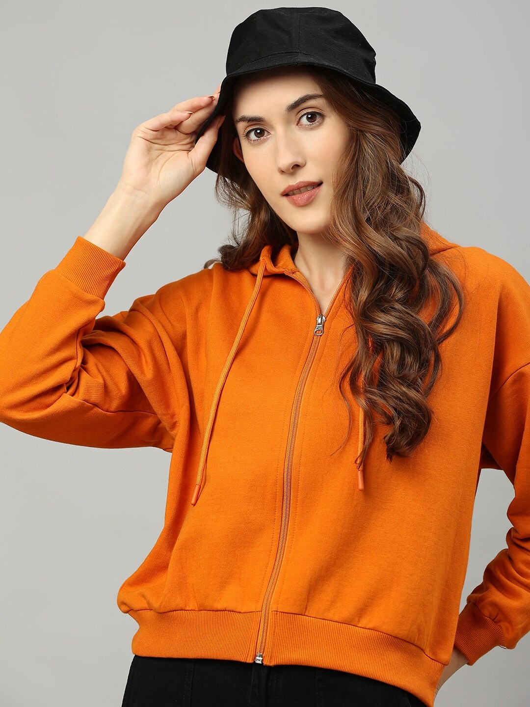 

High Star Women Rust Orange Long Sleeves Front Zip Hooded Fleece Sweatshirt