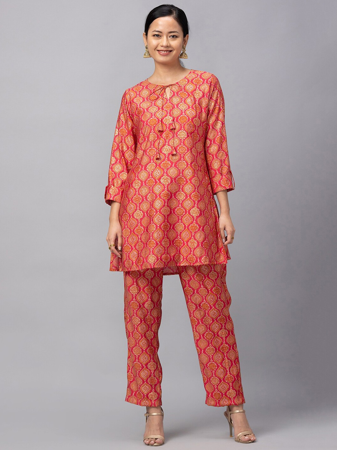 

Sangria Women Pink & Gold Printed Viscose Rayon Co-Ords