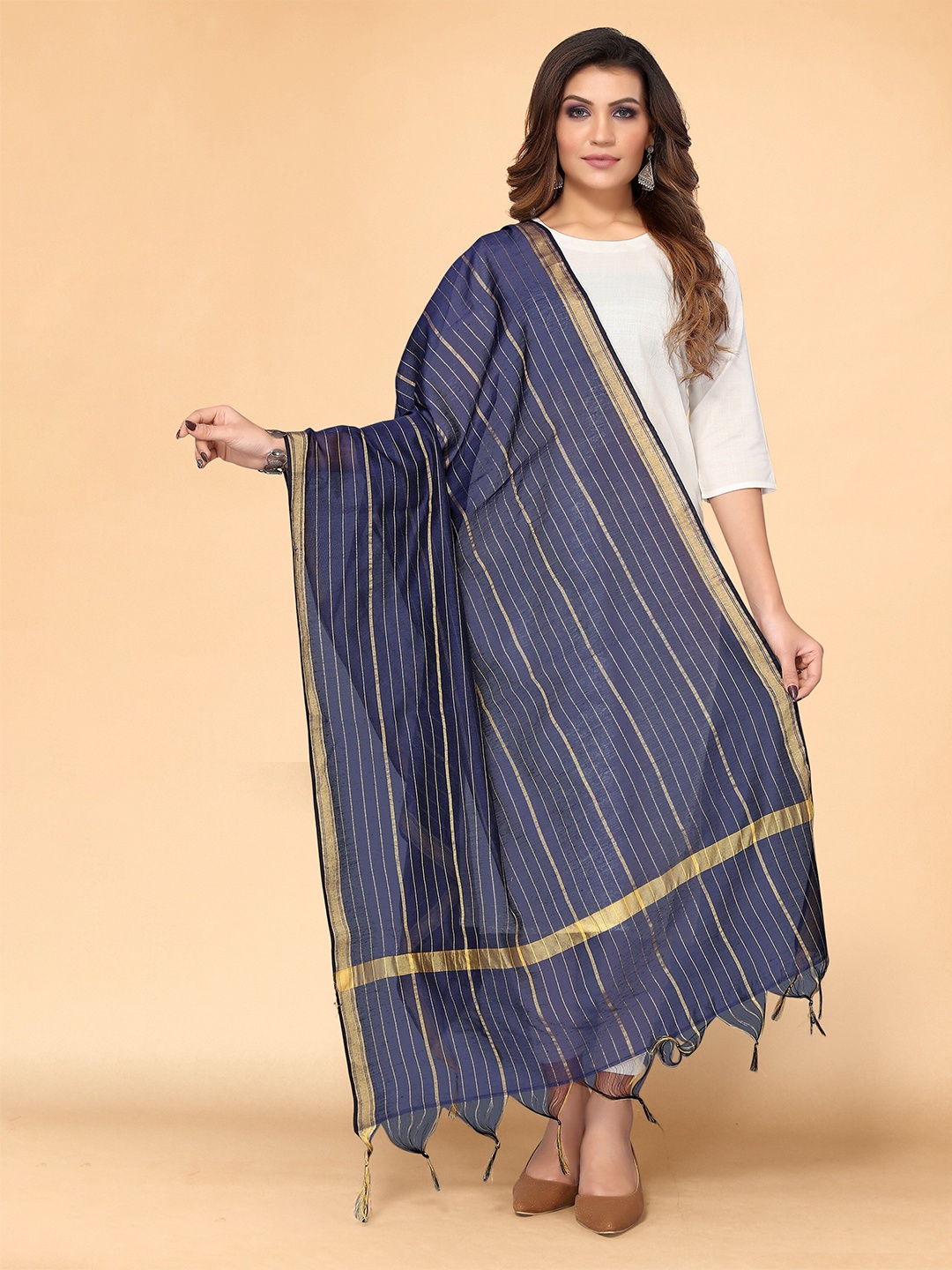 

all about you Navy Blue & Gold-Toned Striped Dupatta