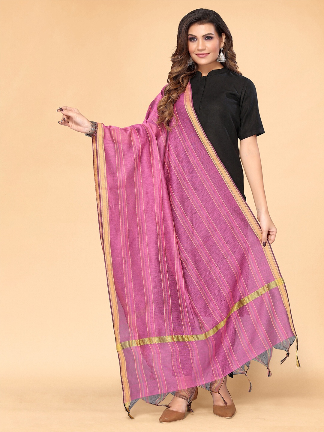 

all about you Pink & Gold-Toned Striped Dupatta