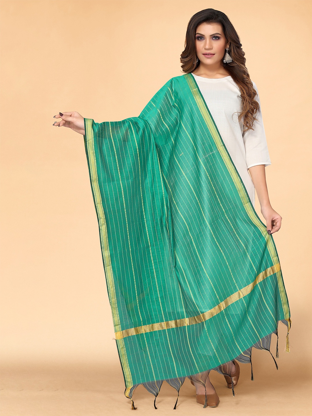 

all about you Sea Green & Gold-Toned Striped Dupatta