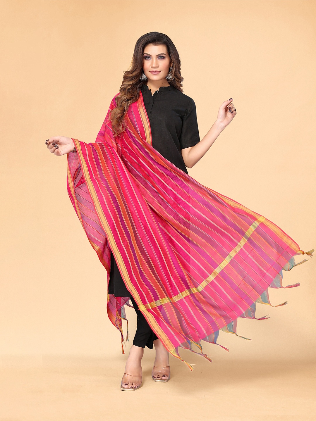 

all about you Pink & Golden Striped Dupatta