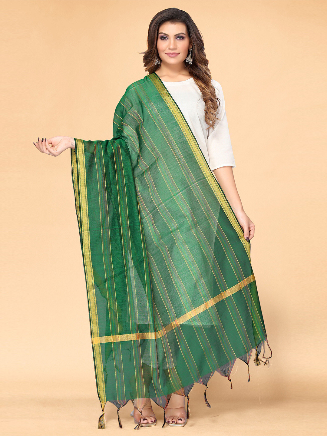 

all about you Women Striped Silk Blend Dupatta, Green