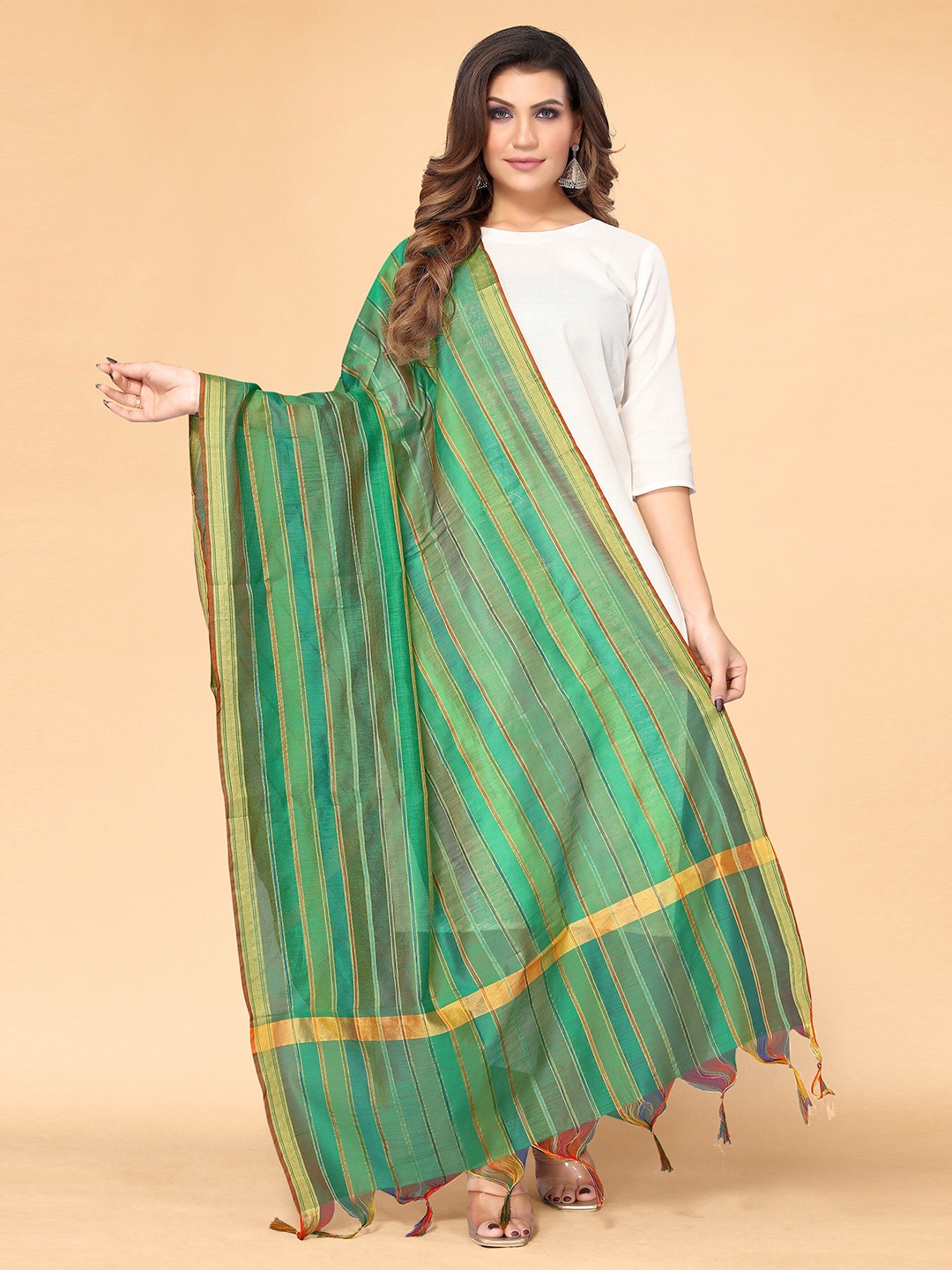 

all about you Green & Golden Striped Dupatta