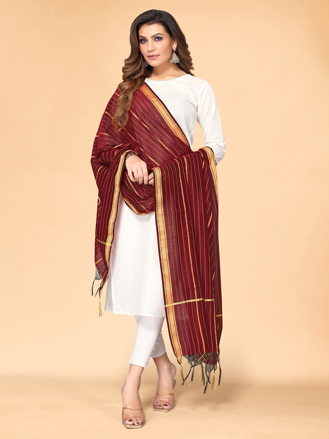 

all about you Women Striped Silk Blend Dupatta, Maroon