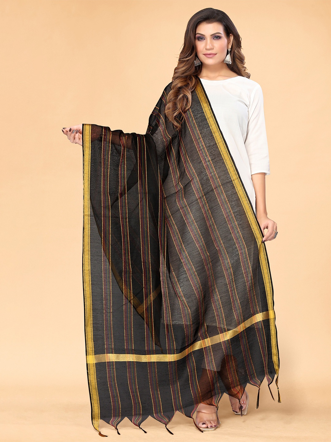 

all about you Women Striped Silk Blend Dupatta, Black