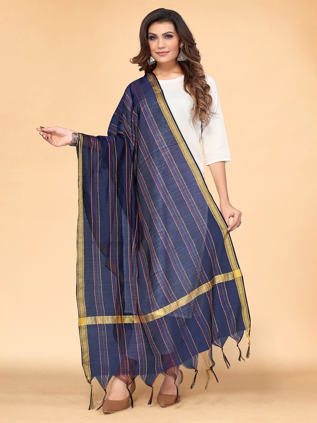 

all about you Navy Blue & Gold-Toned Striped Dupatta