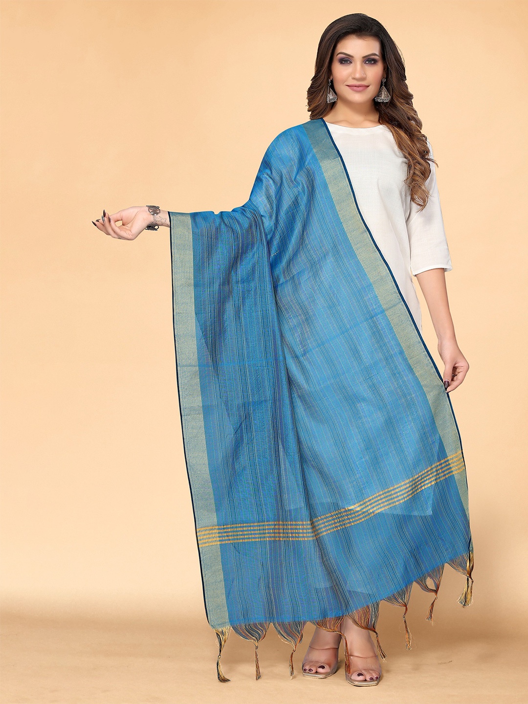 

all about you Blue & Gold-Toned Striped Silk Blend Dupatta