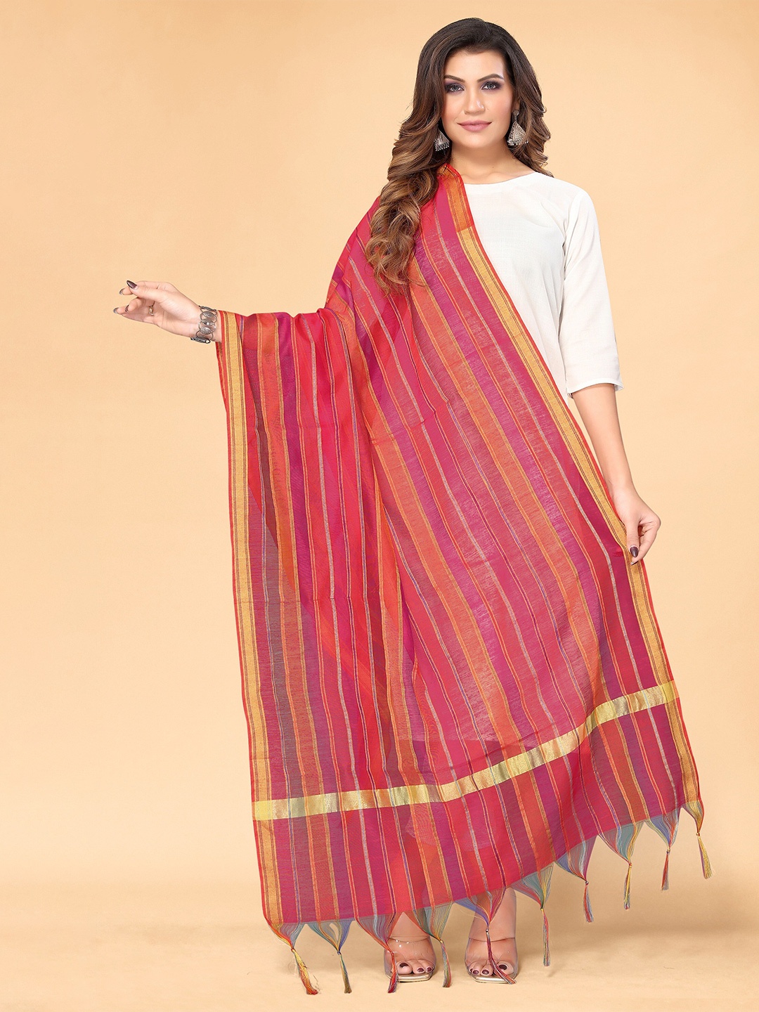 

all about you Pink & Gold-Toned Striped Silk Blend Dupatta