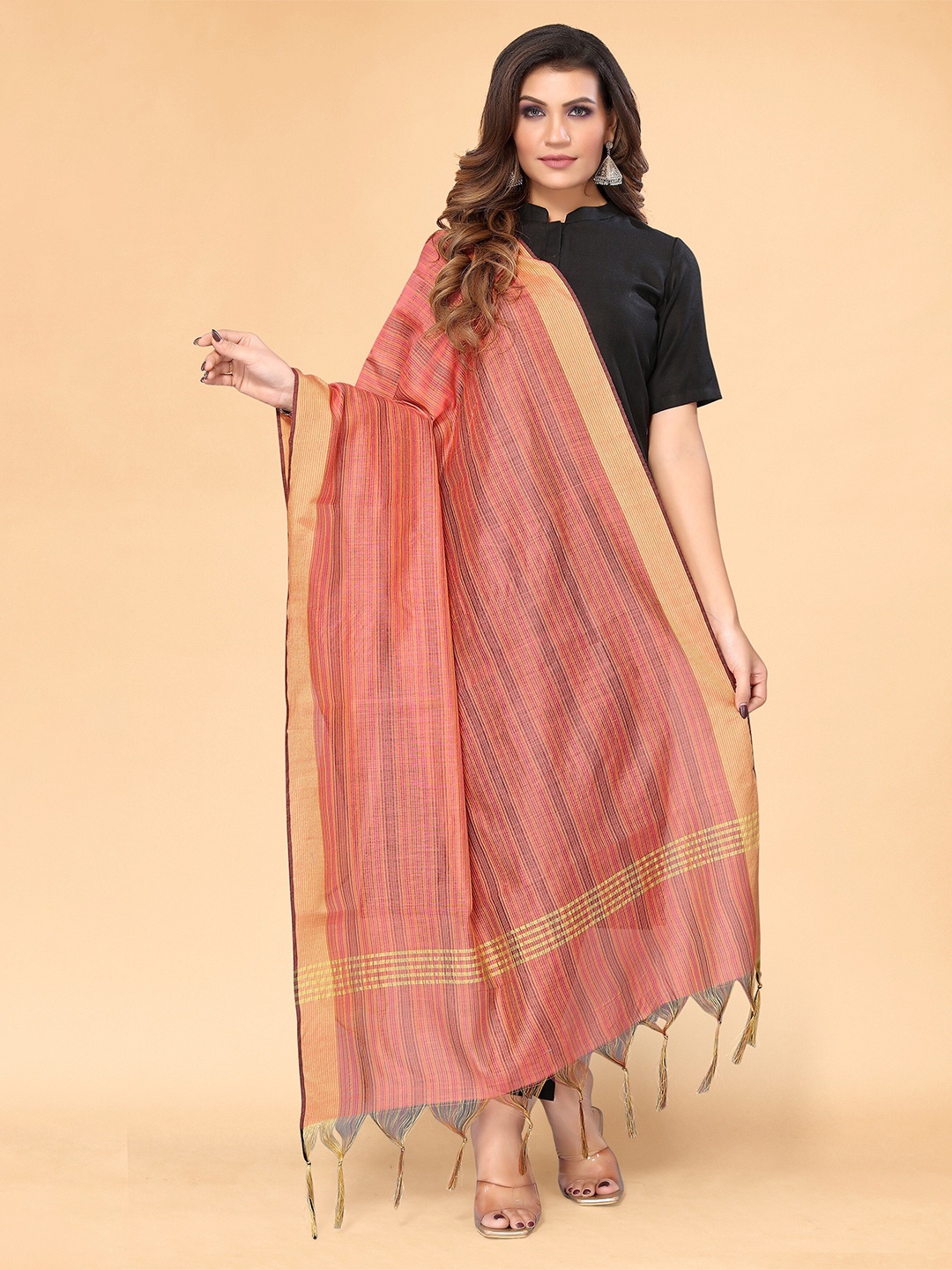 

all about you Peach-Coloured & Gold-Toned Striped Silk Blend Dupatta