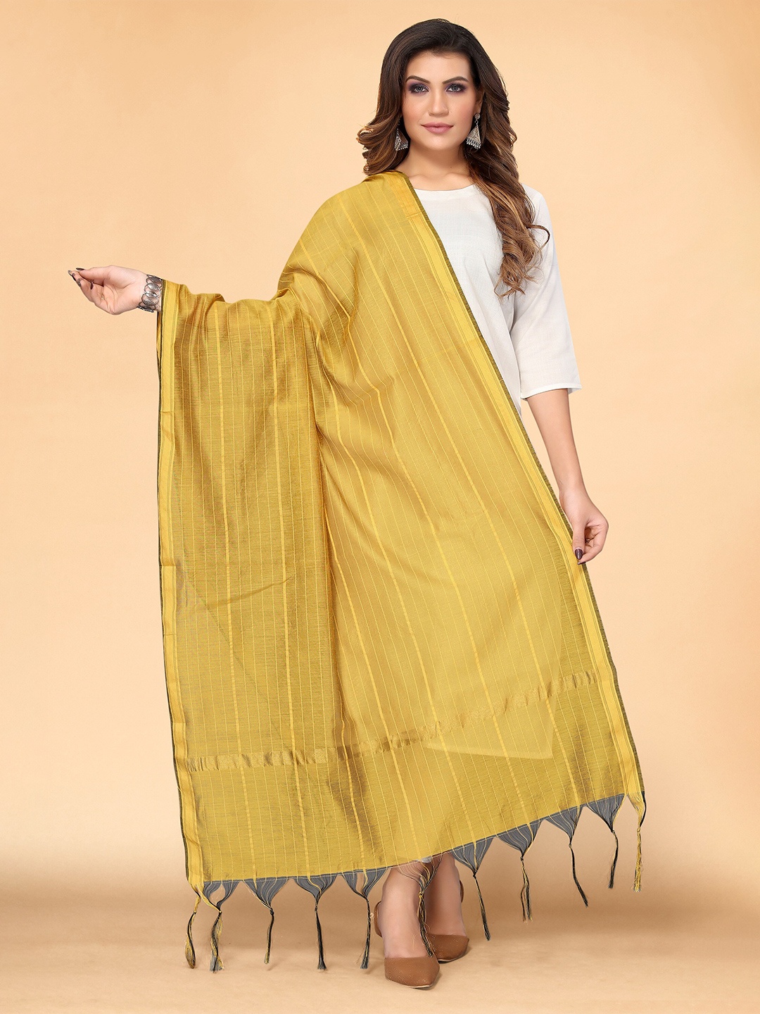 

all about you Yellow & Gold-Toned Striped Dupatta