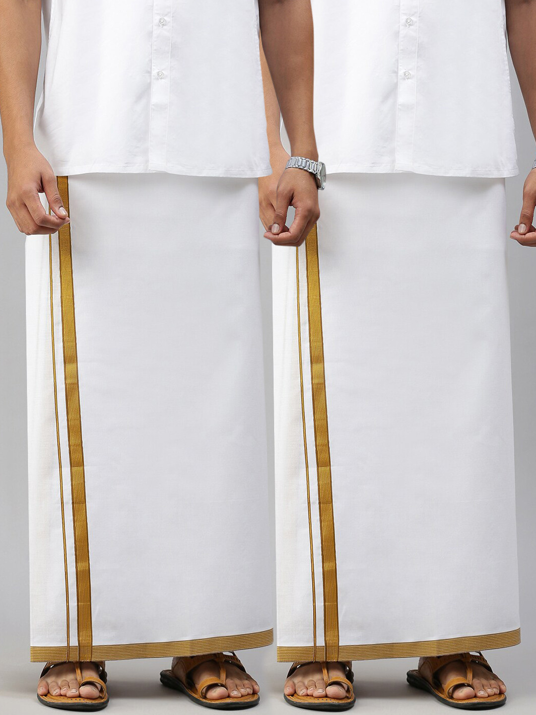 

Ramraj Men Pack Of 2 Pure Cotton Brown Zari Border Dhotis, White