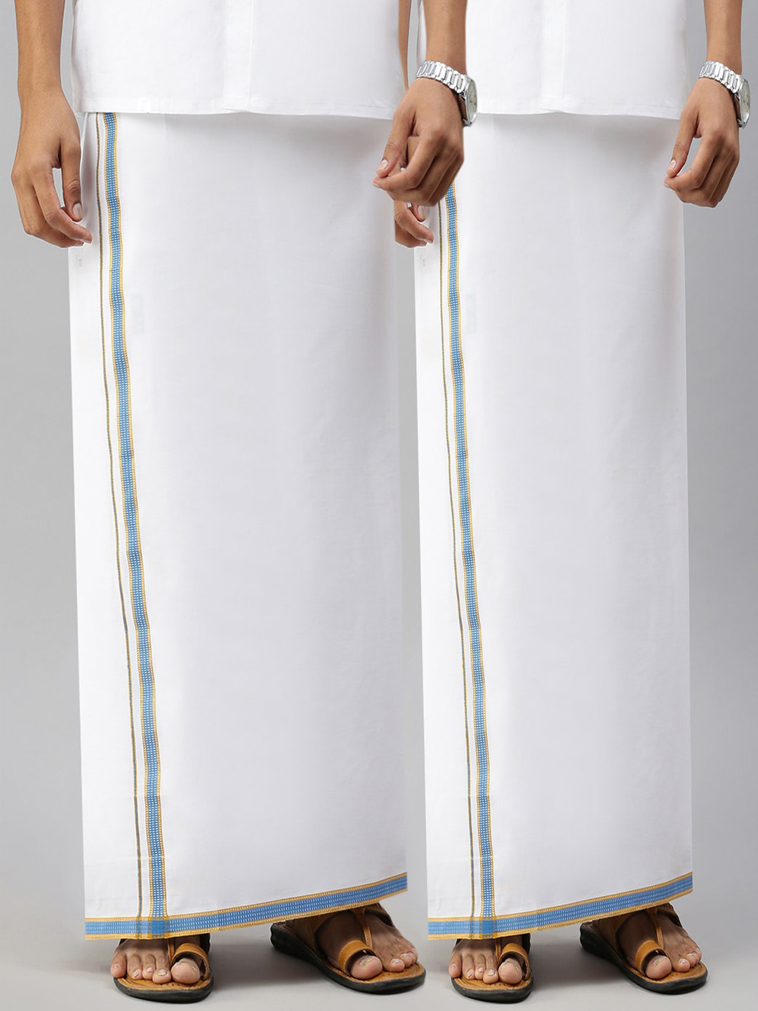 

Ramraj Men Pure Cotton Single Layer White Solid Dhoti with Blue & Gold border