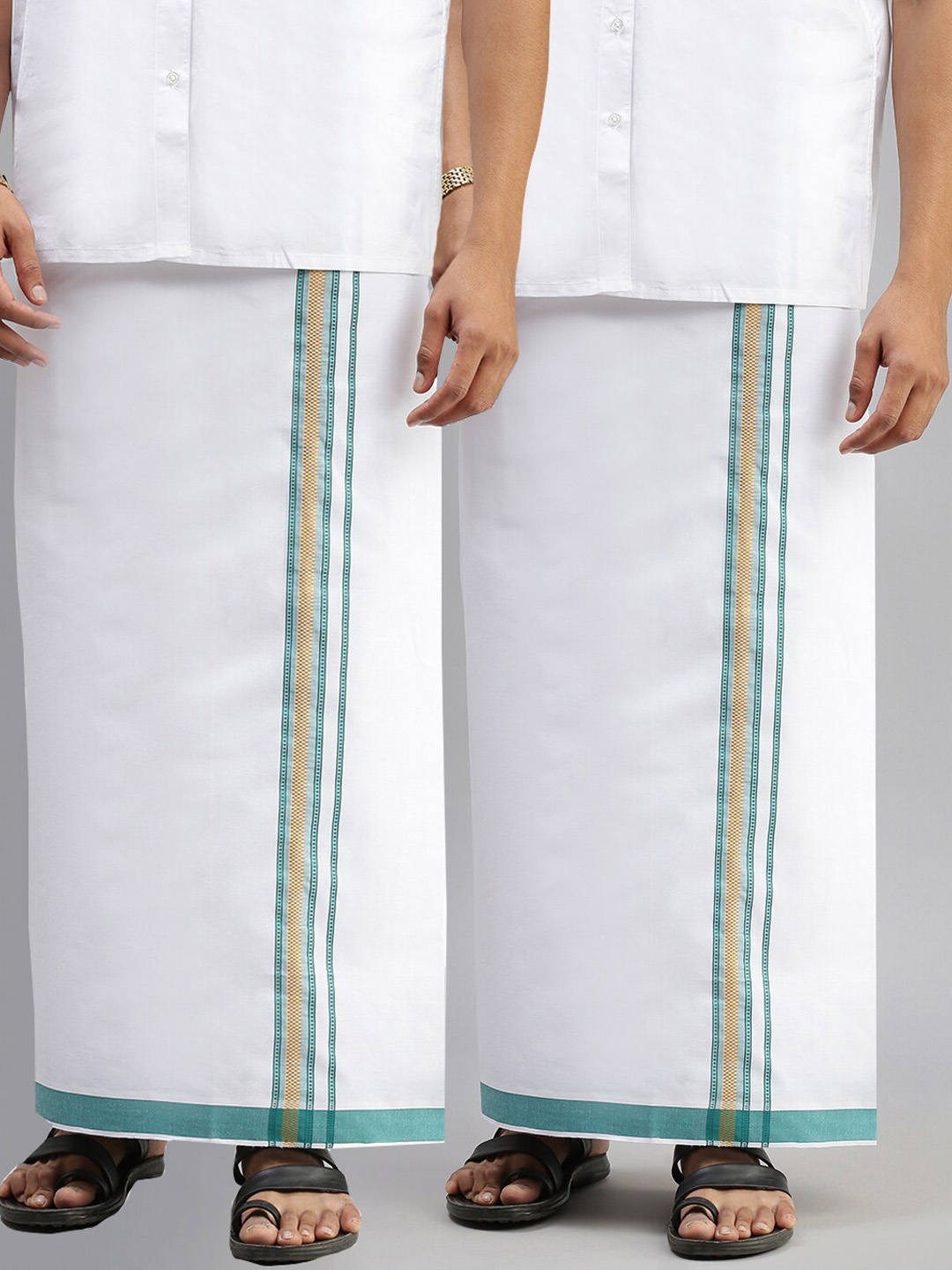 

Ramraj Men Pure Cotton Single Layer White Solid Dhoti with Green & Gold border Pack of 2