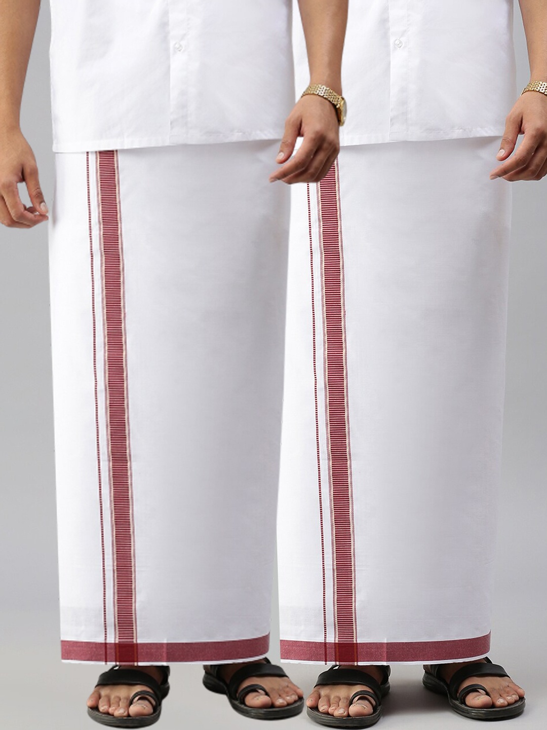 

Ramraj Men Pure Cotton Single Layer White Solid Dhoti with Maroon border Pack of 2