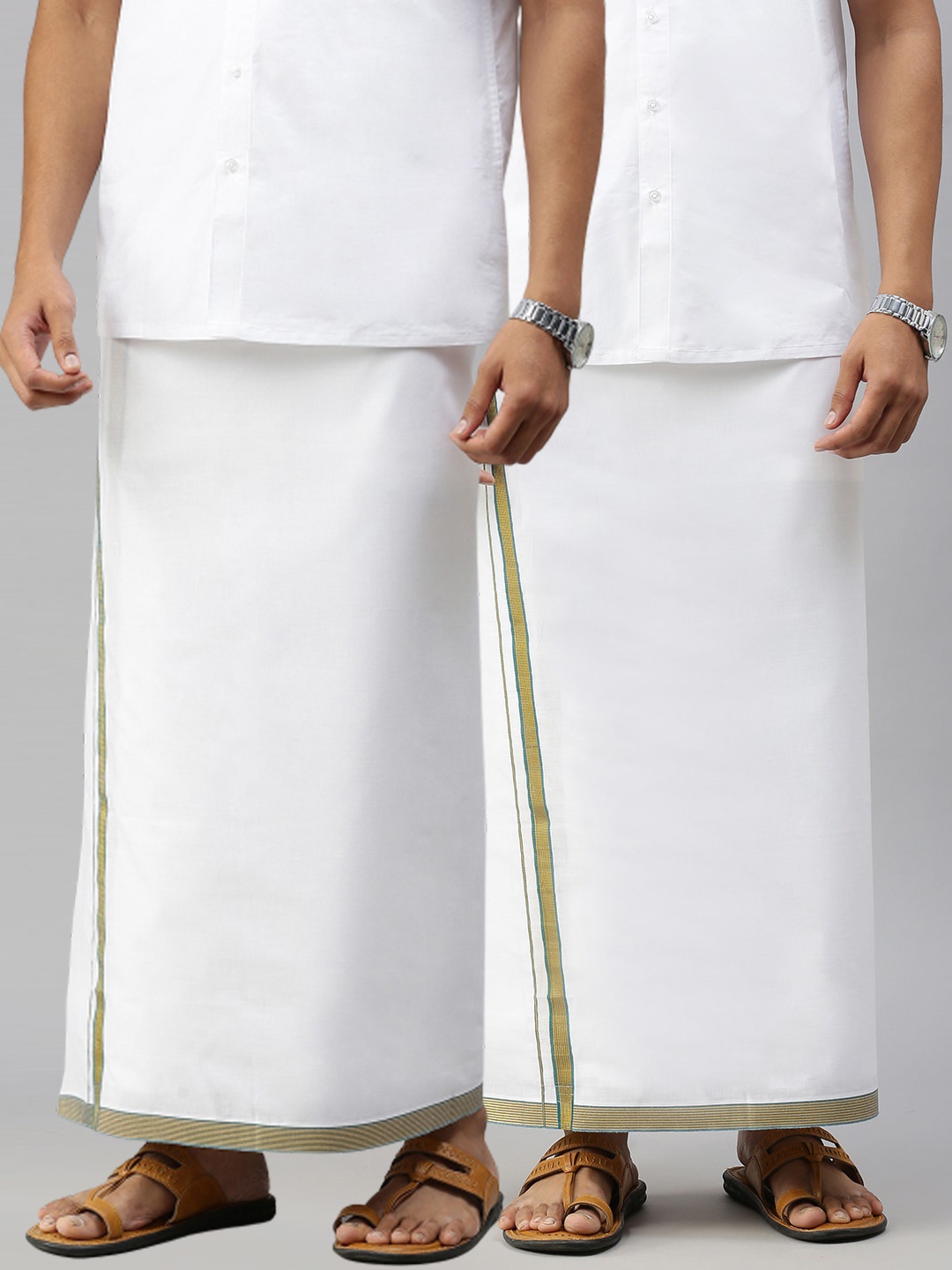 

Ramraj Men Pure Cotton White Dhoti with Blue & Golden border Pack of 2