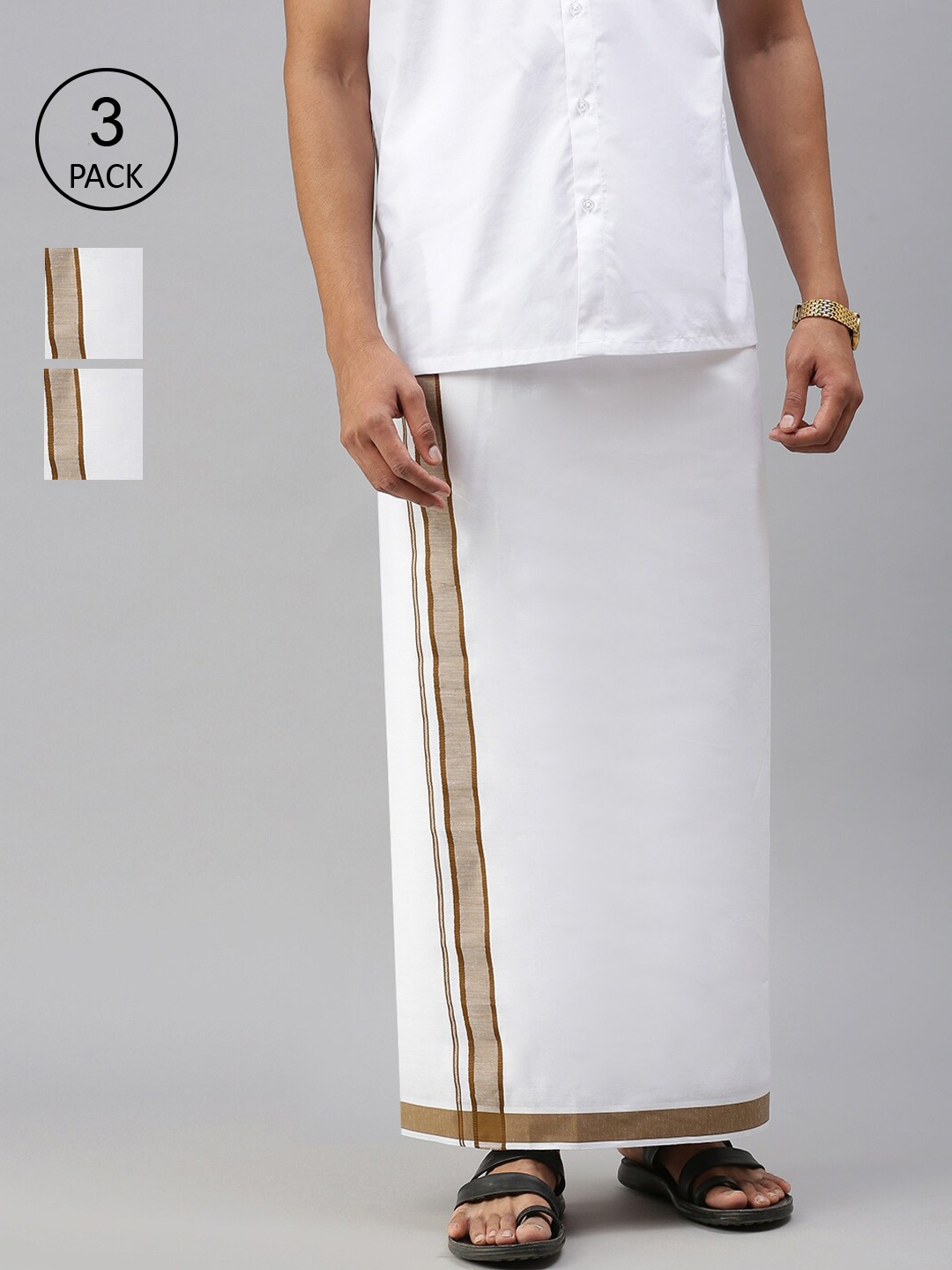 

Ramraj Men Pack Of 3 Solid Pure Cotton Dhotis, White
