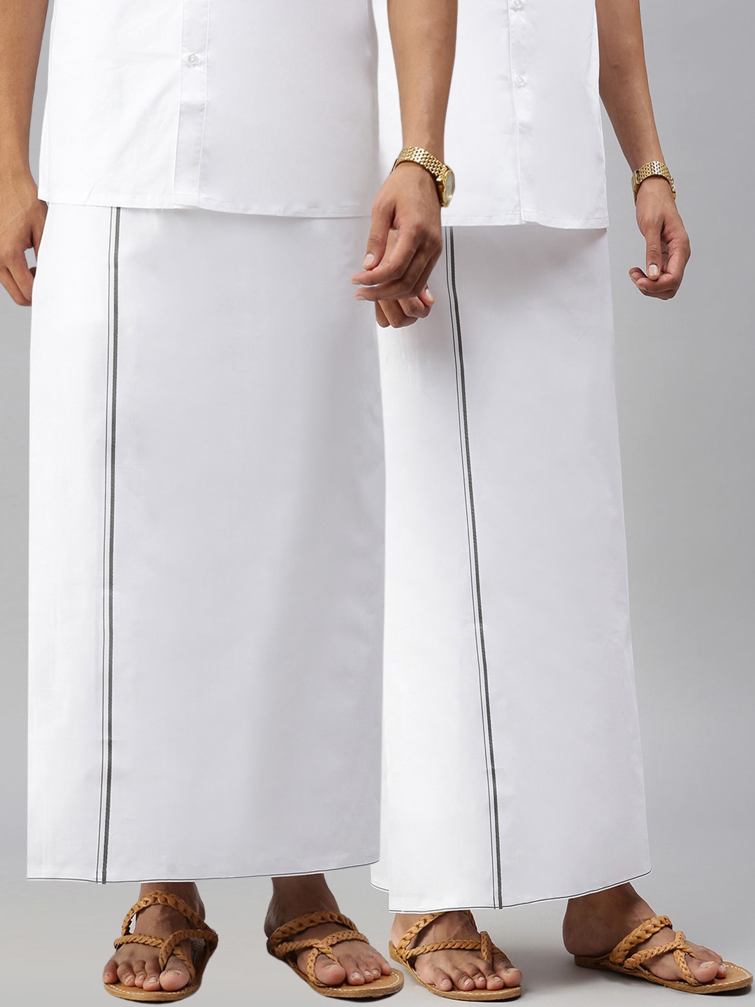 

Ramraj Men Pure Cotton White Solid Dhoti with Grey border Pack of 2