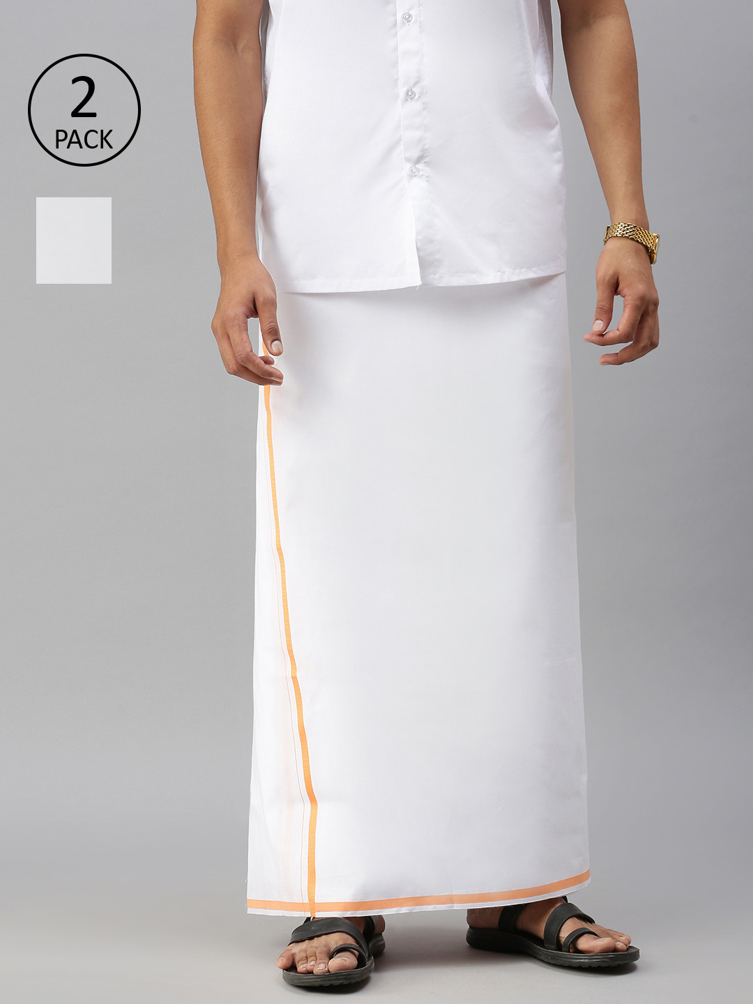 

Ramraj Men Pure Cotton Single layer White Dhoti with Orange border Pack of 2