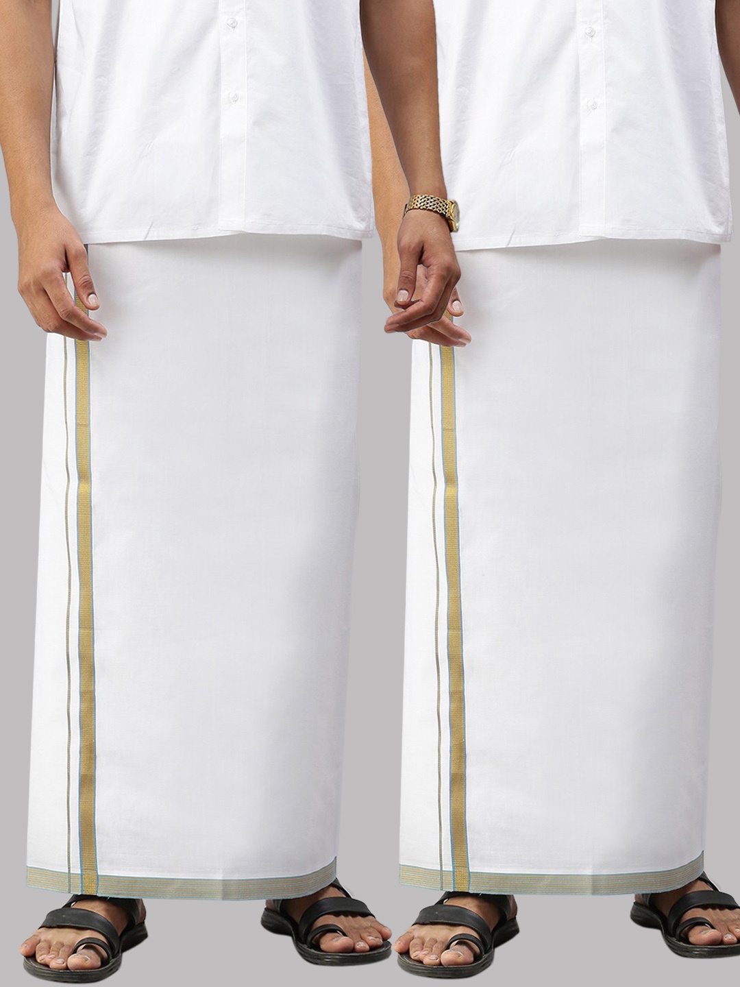 

Ramraj Men Pure Cotton White Dhoti with Blue & Golden border Pack of 2