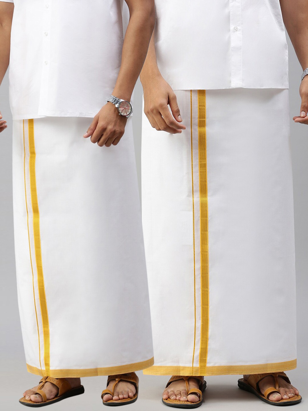 

Ramraj Men Pure Cotton Single layer White Dhoti with Gold jari border Pack of 2