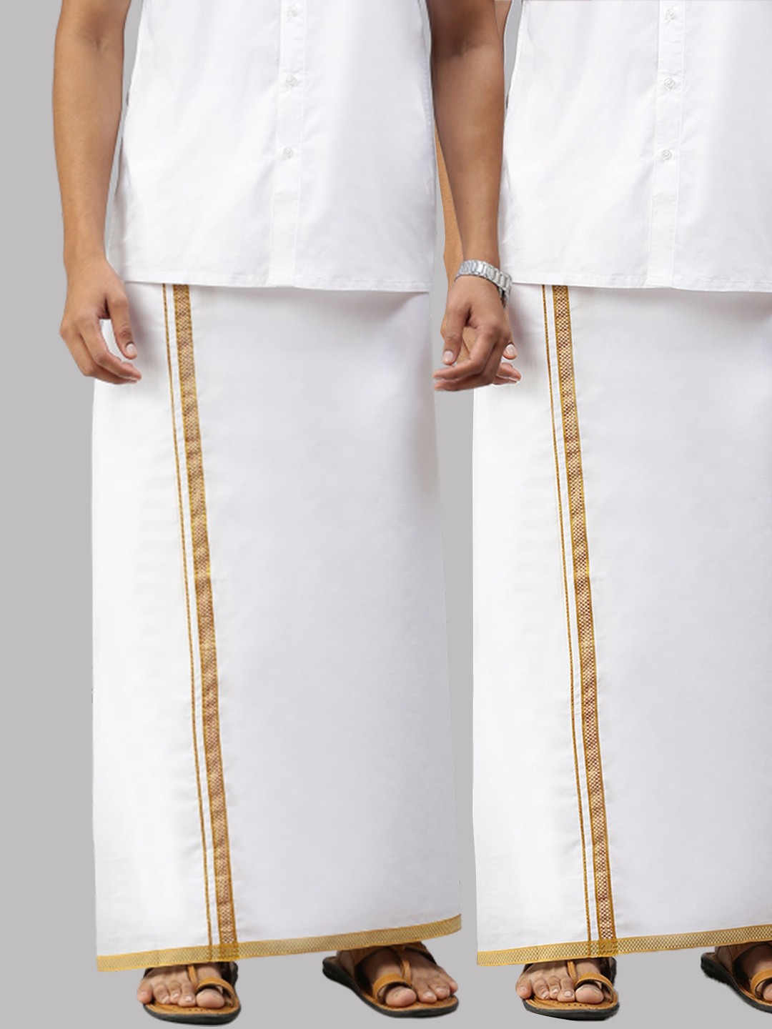 

Ramraj Men Pure Cotton Single Layer White Solid Dhoti With Gold border Pack of 2