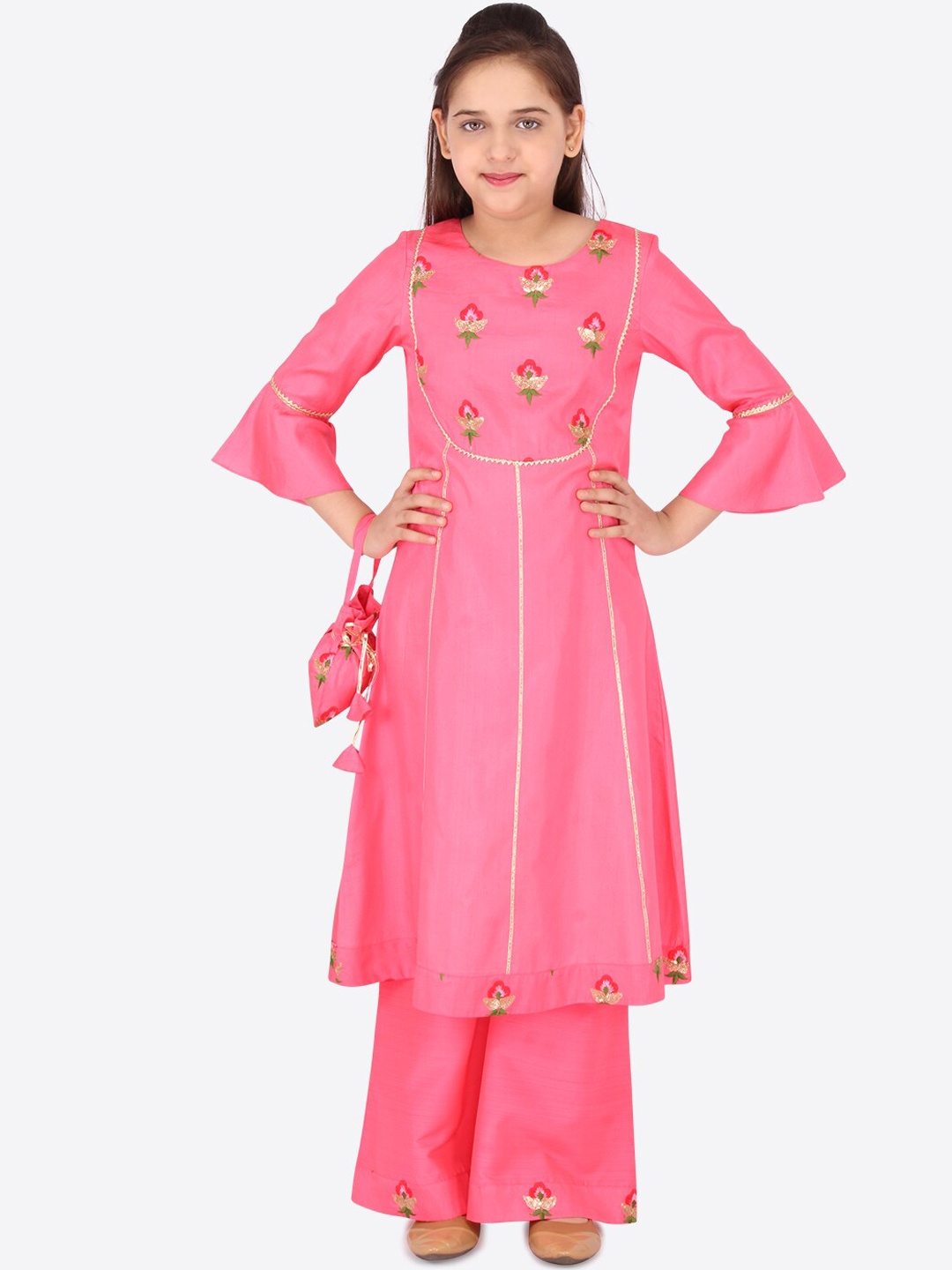 

CUTECUMBER Kids Girls Pink Embellished Bell Sleeves Art Silk Kurta With Palazzos