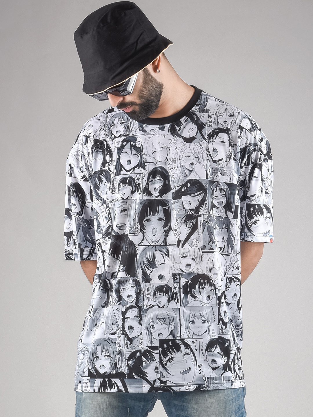 COMICSENSE Anime Printed Ahegao Oversized T-shirt, White