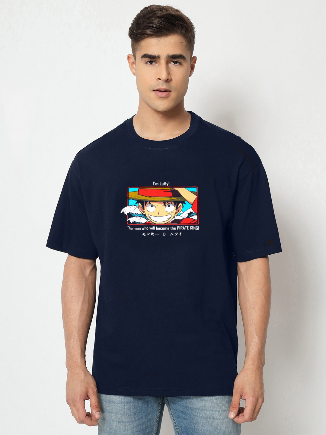 

COMICSENSE Men Anime Printed One Piece Cotton Oversized T-shirt, Navy blue