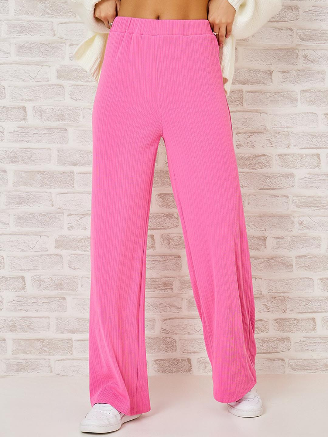 

Styli Women Pink Wide Leg High-Rise Plisse Trousers