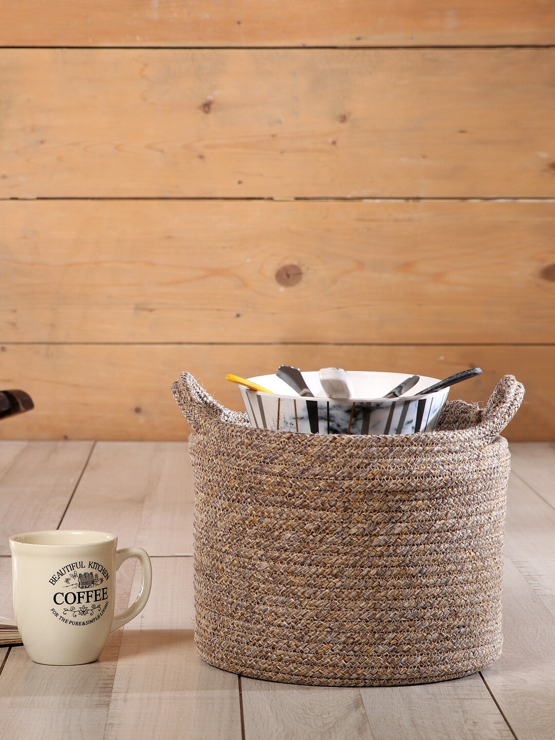 Pano Beige Solid Round Storage Basket With Handles