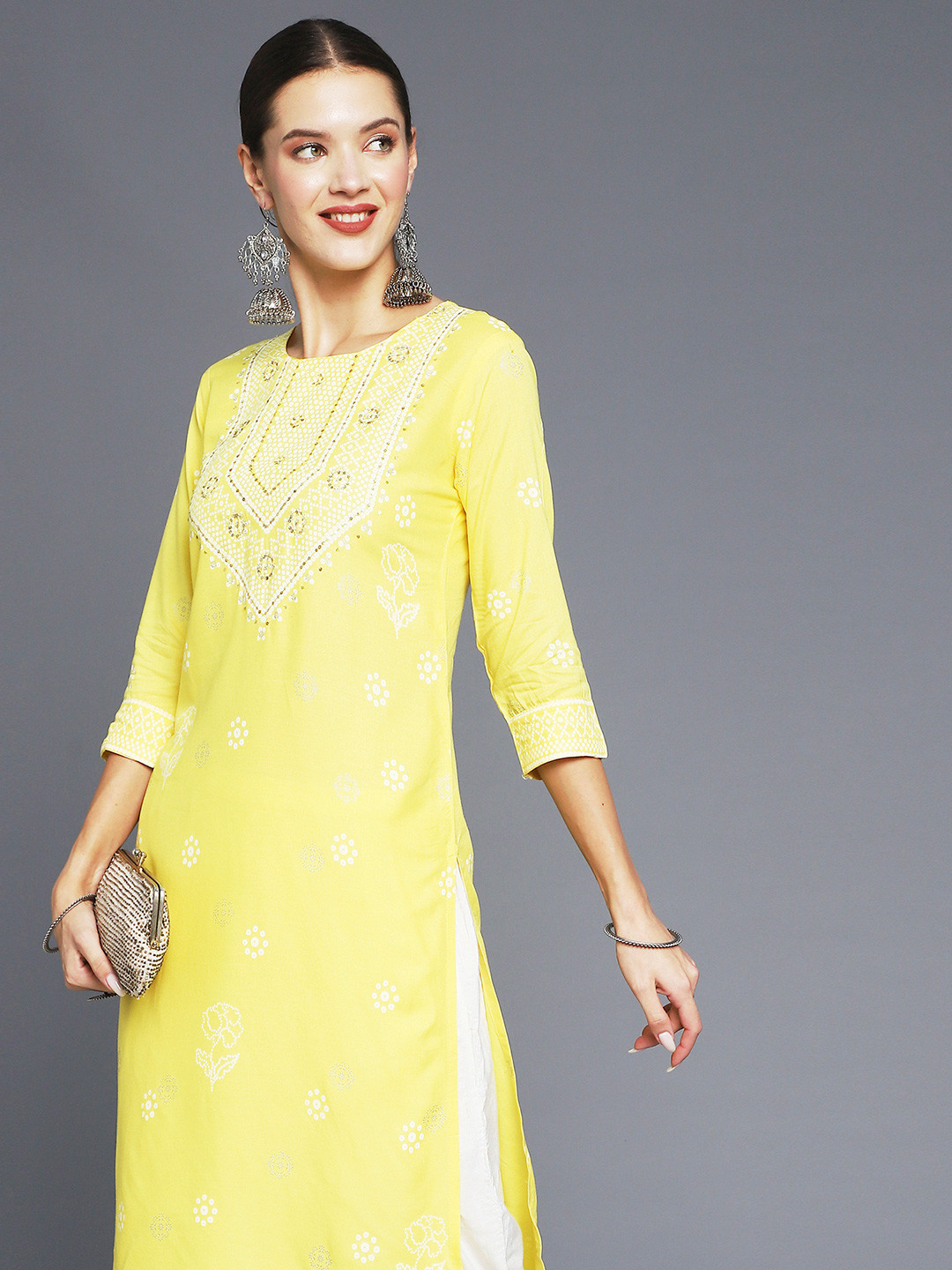 

Anubhutee Women Ethnic Motifs Printed Sequinned Kurta, Yellow